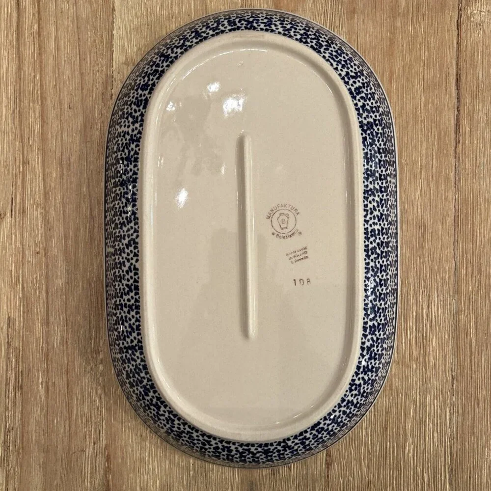 Boleslawiec Polish Pottery Oval Serving Platter Flower Blue Yellow 12.5